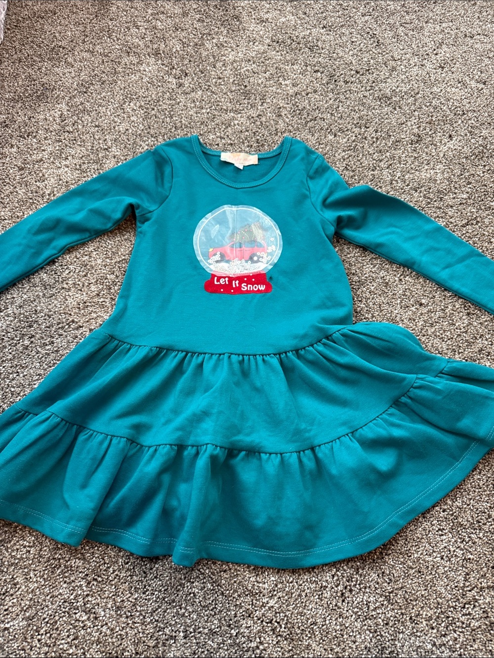 Sara Sara Teal Long-Sleeve Tiered Dress with Snow Globe Applique